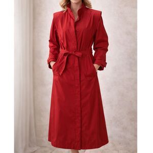 Vintage Red Belted Trench Coat J Gallery 80s Long Rain Coat Womens M